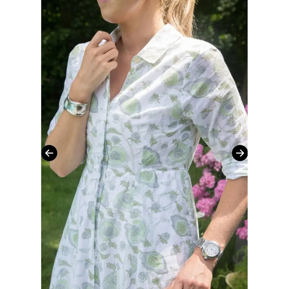 India Amory Block Print Maxi Shirtdress Green White Floral Long Sleeve New Tag